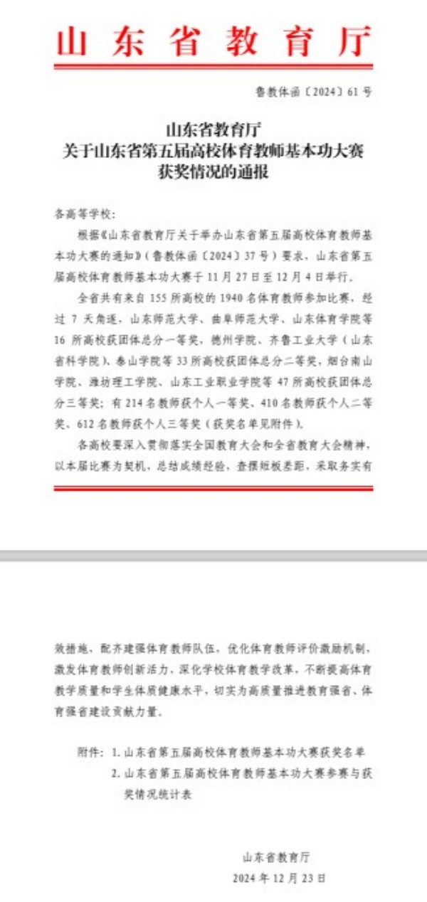 力明学院教师在山东省第五届高校体育教师基本功大赛中喜获佳绩
