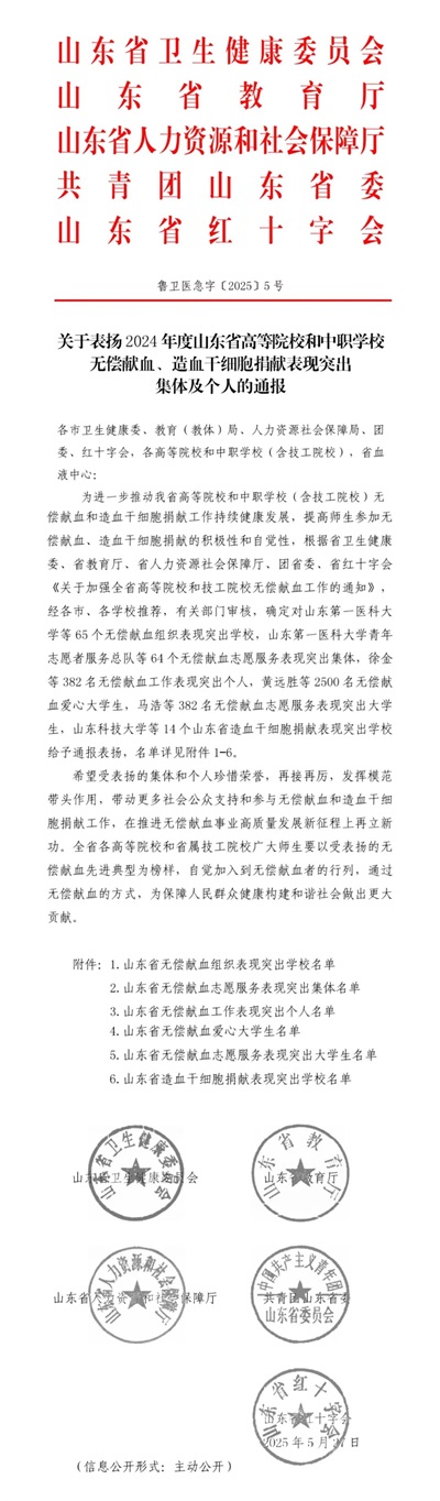 力明学院荣获2024年度山东省无偿献血及造血干细胞捐献多项表彰